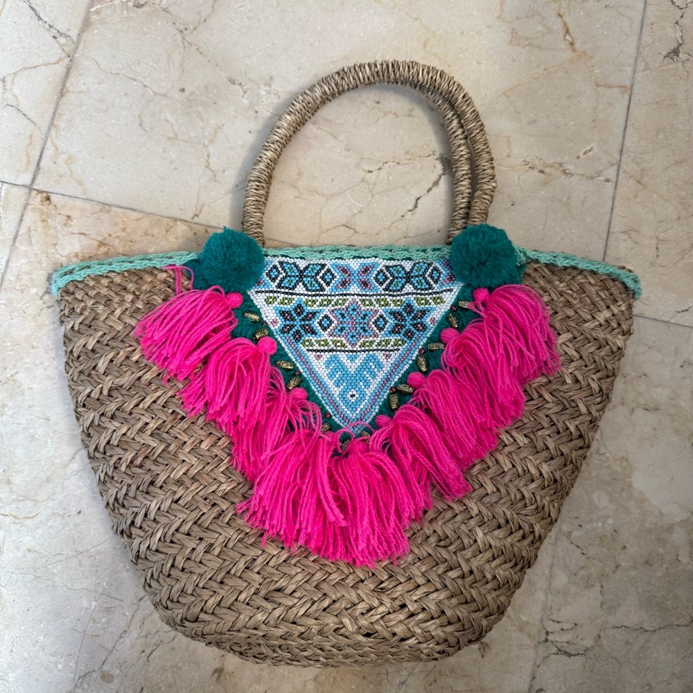 Tan and Pink Geometric Fringe woven Tote Bag